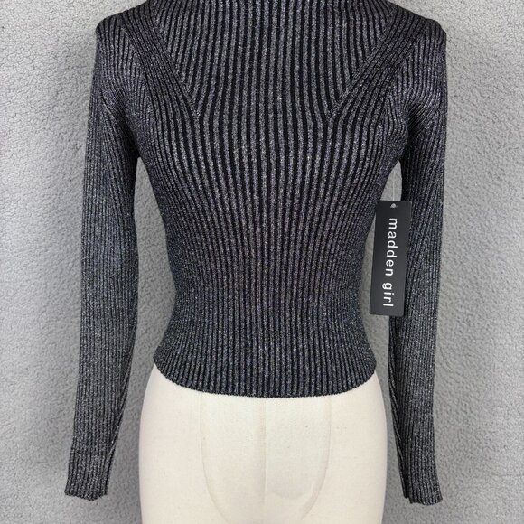 Madden Girl Juniors' Women's Metallic Ribbed Mock-Neck Sweater Black XS NWT's - Picture 1 of 8